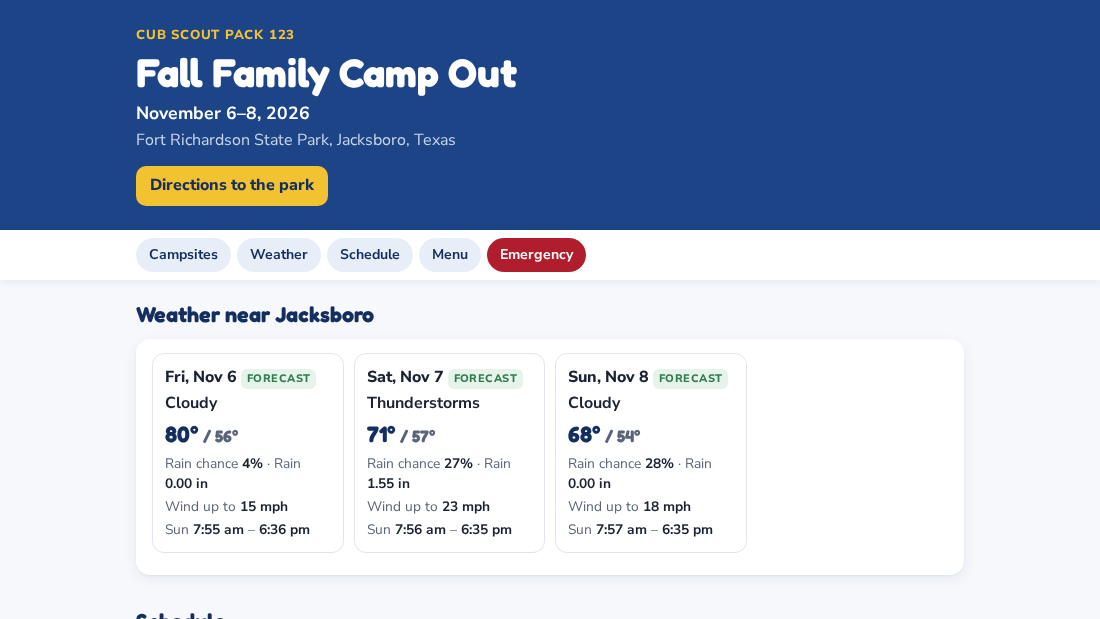 A family camp page with the event name, directions button and a three-day weather forecast